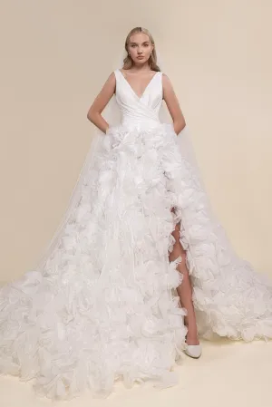 Bridal Gown with V-Neckline, Layered Skirt, Side Slit, and Cathedral-Length Veil
