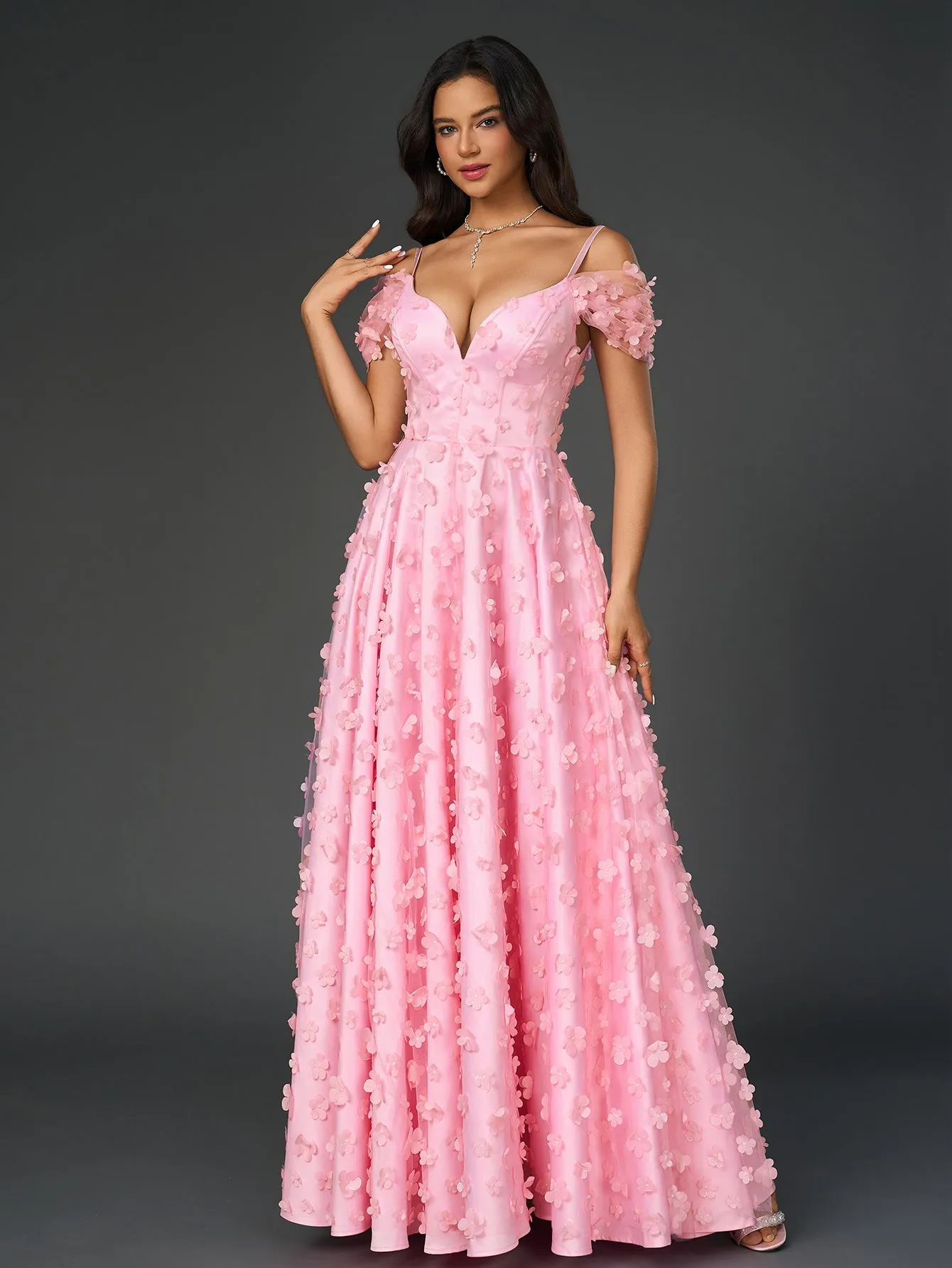 Deep V-Neck Crisscross Back Floral Applique Decoration Prom Dress
