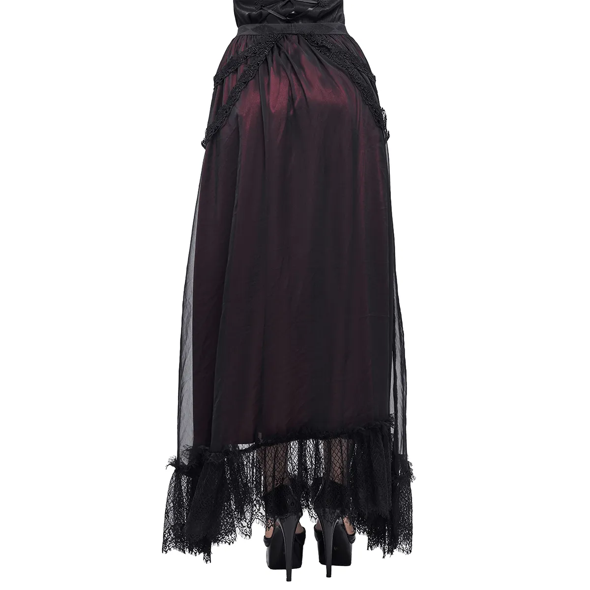 Gothic Floral Lace Splice Layered Skirt / Women's Burgundy Elastic Waist Skirt