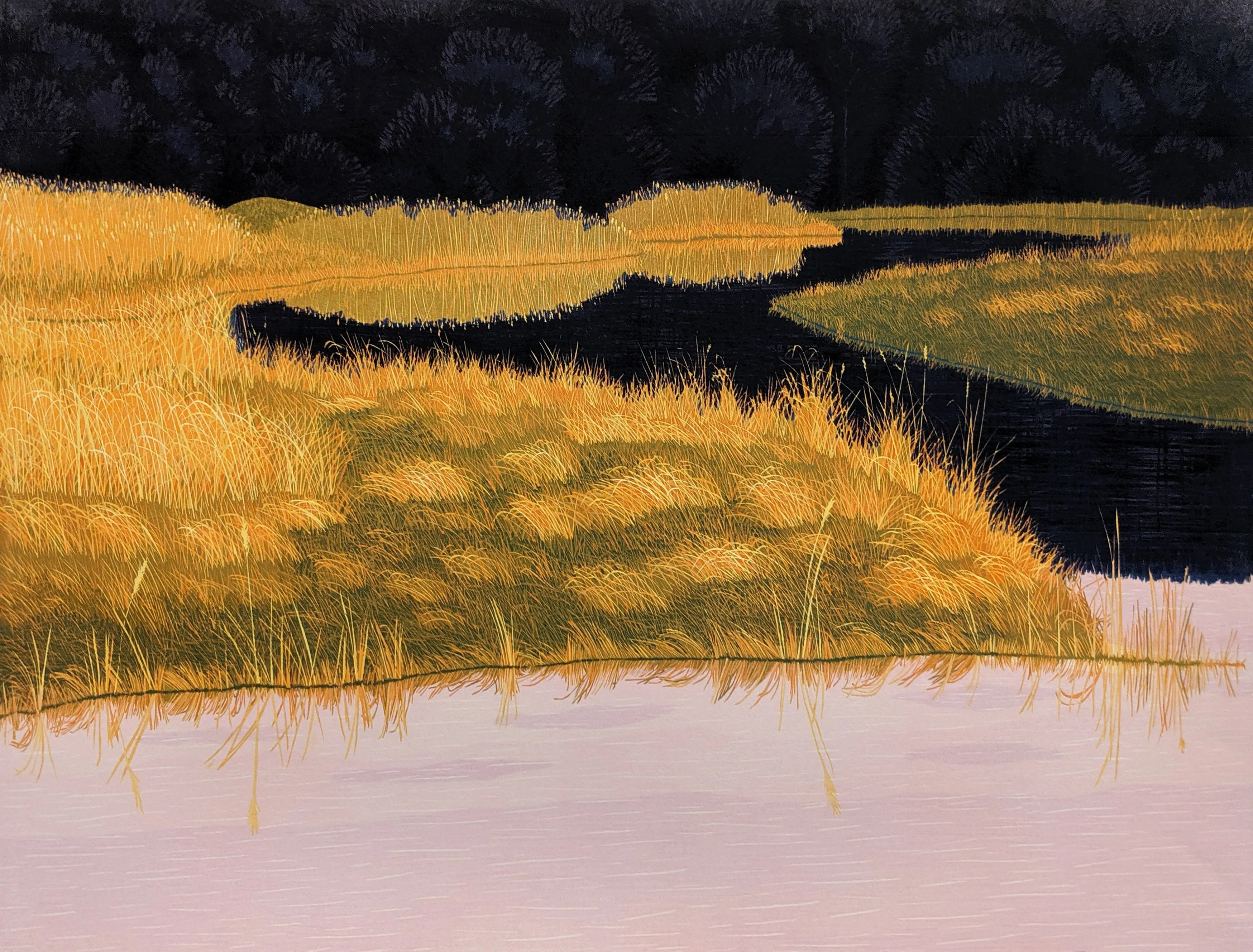 "Evening Gold" by Gordon Mortensen - Limited Edition Landscape Reduction Woodblock Print