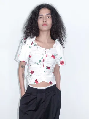 Square Neck Puff Sleeve Flower Print T-shirt
